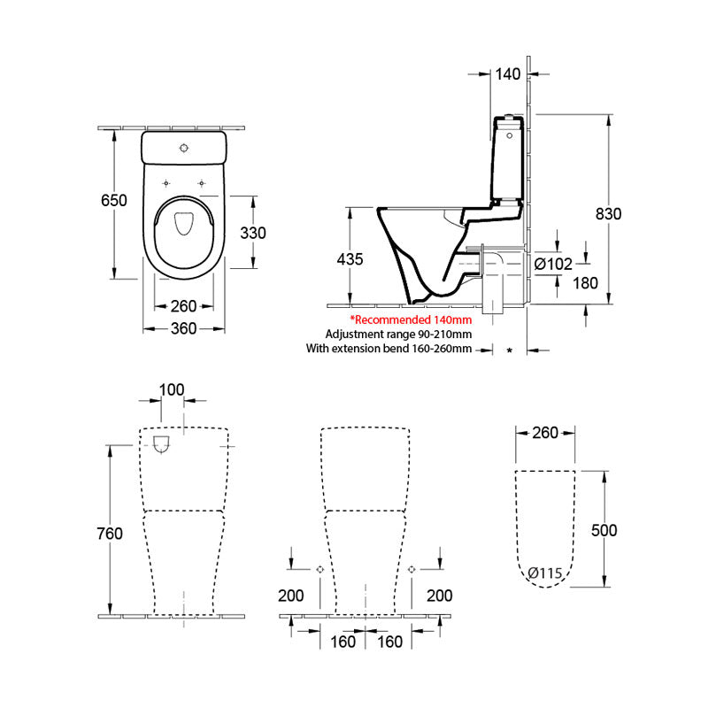 Villeroy & Boch O.Novo 2.0 DirectFlush S or P-Trap Slim Seat BTW Toilet Suite - Bottom Inlet